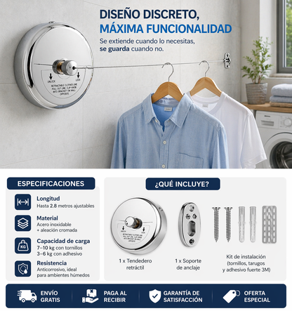 Tendedero Retráctil de Acero Inoxidable de 2.8m - Seca tu Ropa sin Ocupar Espacio